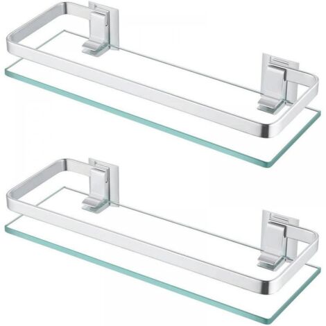 Badezimmerregal aus gehärtetem Glas, 38,5 cm Duschwandregal (2 Stück), rechteckiges Wandspiegel-Frontregal, kein Bohren erforderlich, mit eloxierter Aluminium-Schienenmontage (1/5)