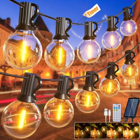 Catena di luci solari da esterno da 30 m, Luce da giardino ricaricabile tramite USB con telecomando e 50+2 lampadine LED G40, 8 modalità, timer, IP44