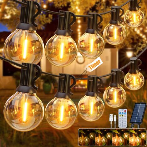 Catena di luci solari da esterno da 15 m, Luce da giardino ricaricabile tramite USB con telecomando e 25+1 lampadine LED G40, 8 modalità, timer, IP44