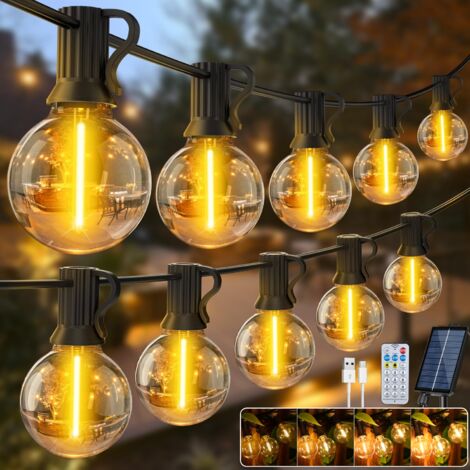 Catena di luci solari da esterno da 15 m, Luce da giardino ricaricabile tramite USB con telecomando e 25+1 lampadine LED G40, 8 modalità, timer, IP44