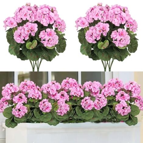 NICOLA - Juego de 4 flores artificiales de geranio de seda, resistentes a los rayos UV, decoración realista, rosa, 35 cm