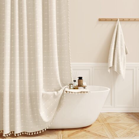 Cortina de ducha de lino estilo bohemio NICOLA con borlas, impermeable para baño, beige (150 x 180 cm)
