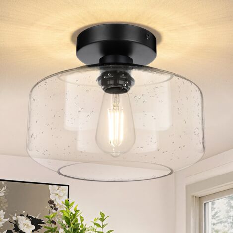 Lámpara de techo semiempotrada, estilo rústico negro, de cristal burbujeante, E27, sin bombilla, 21 cm, estándar europeo. (1/5)