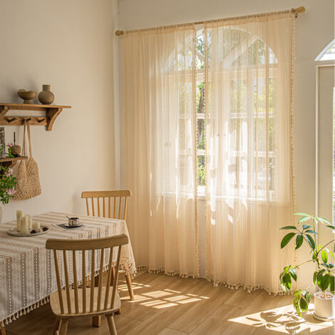 Juego de 2 cortinas de encaje translúcidas de estilo bohemio, cortinas de gasa con borlas retro, cortinas de gasa para ventana salediza, 1,48 x 2,41 m