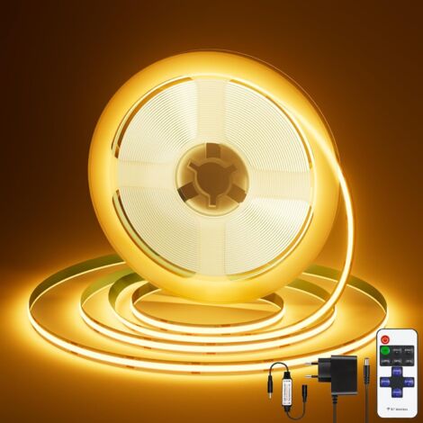 Tira de luz LED de 5 m, tira de luz LED COB con control remoto, tira de luz LED autoadhesiva, regulable, blanco cálido (1/5)