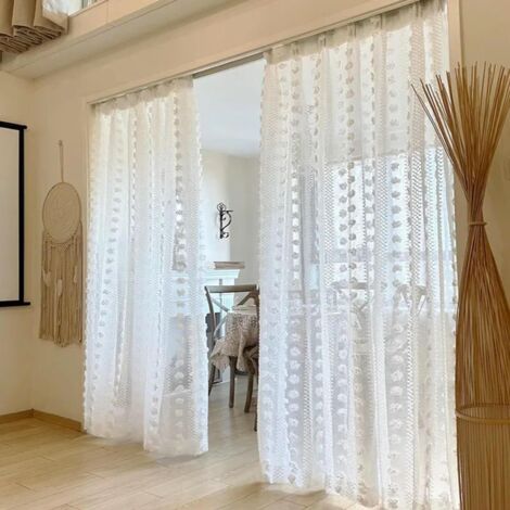 Japanese Style Striped White Tassel Embroidered Curtains, Decorative Tulle Curtains for Living Room and Bedroom Bedroom, 140215cm