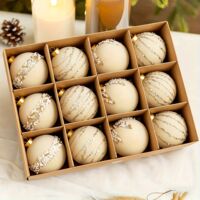 Set of 12 Rhinestone Christmas Decorations, 6cm Vintage Style, Plastic, Tree Ornaments, Festive Baubles for Home Decor – Beige
