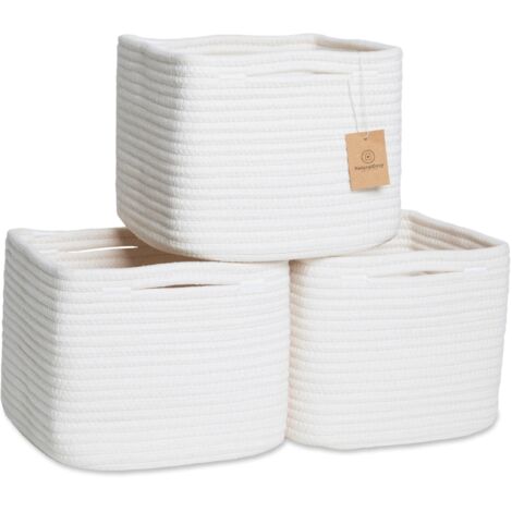 Cubes de rangement tressés en corde de coton biologique, lot de 3, idéaux pour optimiser l'espace, paniers (blancs) (1/5)