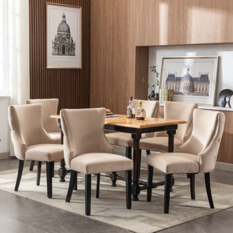 Fauteuil de 4 pieds, fauteuil en velours beige, destiné à la cuisine. Le cadre est fait de bois massif. Couleur : beige. Paiement : par set, 6 pièces au total. (1/5)