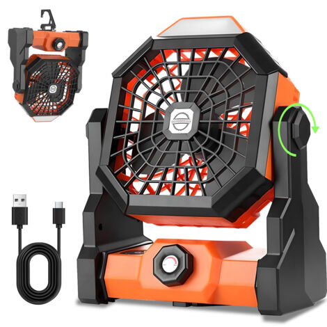 Fuleadture Ventilatore da campeggio con lanterna a LED, ventilatore portatile a batteria ricaricabile con velocità regolabile e funzionamento silenzioso della batteria