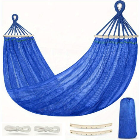 Amaca da esterno 190130 cm, in rete traspirante, dotata di listelli di legno, corde e borse portaoggetti, adatta per campeggio e spiaggia. (1/5)