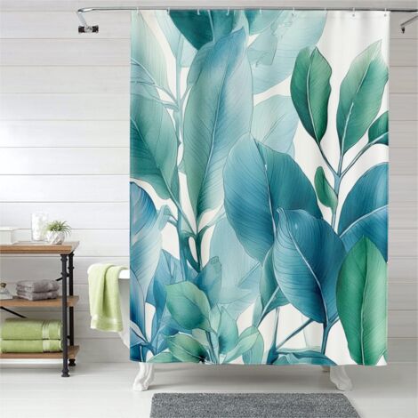 Rideau de douche grandes feuilles brillantes, œillets plastique, anti-taches (1/5)