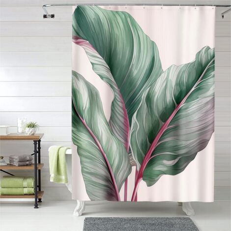 Rideau de douche imprimé grandes feuilles vertes, œillets plastique, 90x180 cm (1/5)