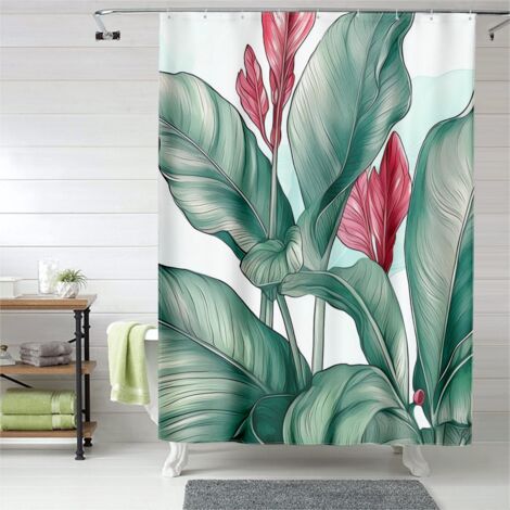 Rideau de douche grandes feuilles exotiques, œillets plastique, imperméable (1/5)