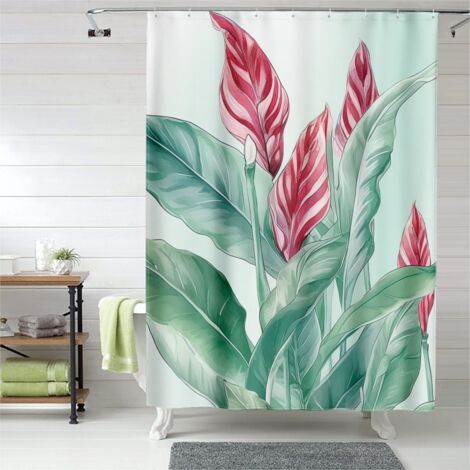 Rideau de douche grandes feuilles nature, œillets plastique, séchage rapide (1/5)