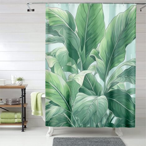 Rideau de douche grandes feuilles aquarelle, œillets plastique, durable (1/5)