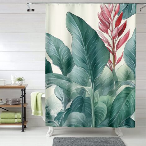 Rideau de douche grandes feuilles vert foncé, œillets plastique, séchage rapide (1/5)