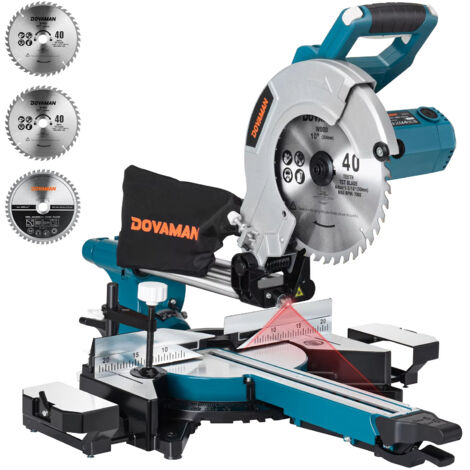 Scie à onglet radiale 340mm avec guide laser, 3 lames au carbure, guide laser d'onglet à 45°,2000W, 5000/3200 tr/min, pour bois et métal ,Bleu