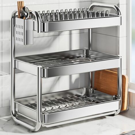 Escurridor de platos de 3 capas, escurridor para tabla de cortar, escurridor de acero inoxidable para cuencos y platos, organizador de cocina