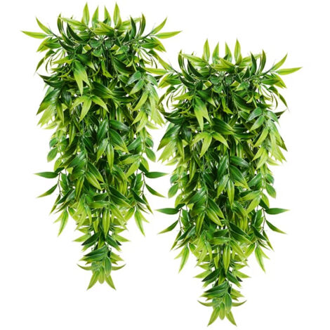 2 Plantas colgantes artificiales de 79 cm con hojas de bambú artificiales, ideales para patio, porche, exterior y decoración de jardín.