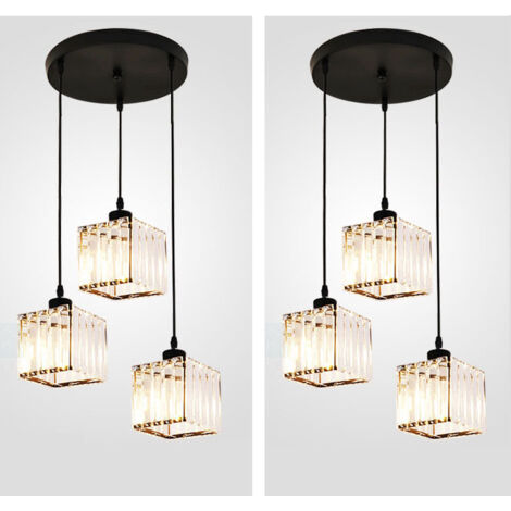 2pcs Lámpara de araña de cristal de tres cabezas, lámpara de isla de cocina, luz de techo E27, cable ajustable, adecuada para patios y clubes (negra).