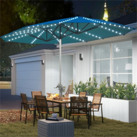Sombrilla doble con luz LED solar, 451 x 267 cm, protección solar UV50+, manivela, resistente al viento, ideal para balcones, mercados o jardines. (1/5)