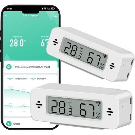 Juego de 2 termómetros e higrómetros wifi digitales para interiores con alarma e historial, compatibles con Alexa, Smart Life y la app Tuya Smart. (1/5)