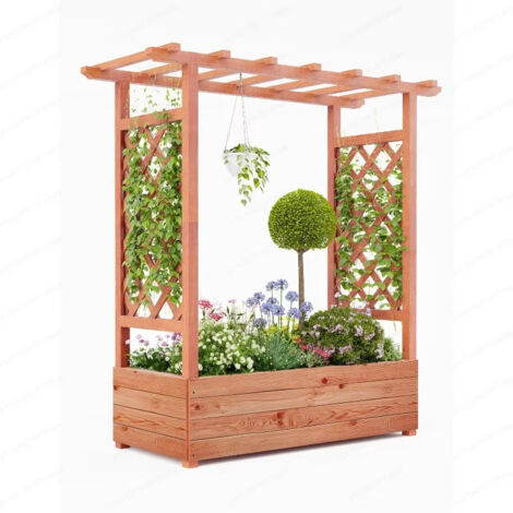 Macetero elevado de madera con enrejado/cubierta, macetero independiente para plantas trepadoras, vides y flores, 110 x 44 x 113,5 cm (1/5)
