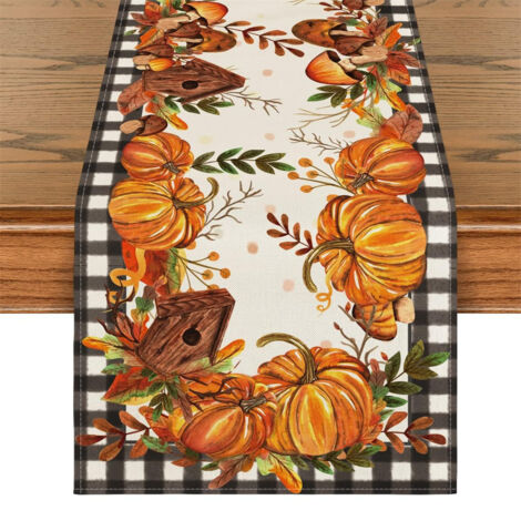 Fuleadture Autumn Table Runner, 40 x 130 cm, Pumpkin Leaves, Rustic Decoration for Kitchen, Dining Room and Dinner, Orange Pumpkins