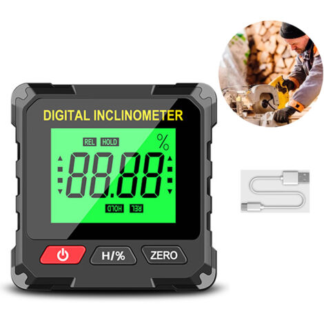 Rechargeable digital inclinometer with a powerful four-sided magnetic protractor, ideal for construction and topographic surveying.