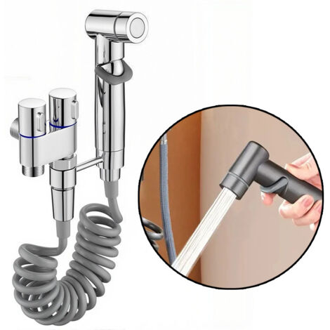 Fuleadture Portable spray gun with stand, 2m telescopic spring tube, compatible with tap and toilet flush mechanisms, silver (1/4)