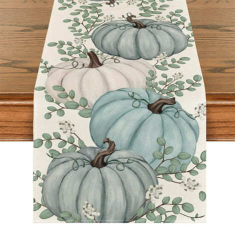 Fuleadture Autumn Table Runner, Three Blue Pumpkins, Eucalyptus, Seasonal Decoration for Kitchen Table and Parties, 40x140cm.