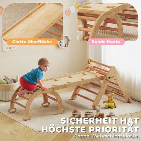 HOMASIS 2 en 1 Escalade Enfant d'Intérieur en Bois Montessori, Triangle d'escalade avec Coussin, Parcours Motricité Bébé, Cheval à Bascule pour Enfant 3 Ans