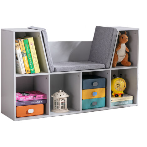 Étagère enfants 2 en 1 avec banc coussin HOMCOM, meuble rangement 103x30x62 cm, blanc gris (1/5)