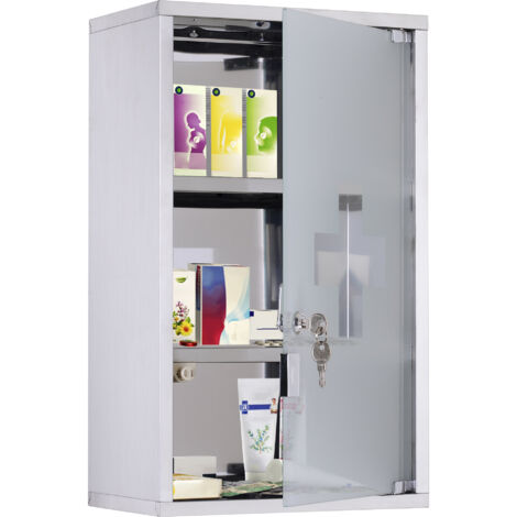Armoire pharmacie murale acier inox 3 niveaux porte vitrée verrouillable 2 clés meuble salle de bain sécurité rangement
