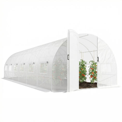 Serre tunnel de jardin 24 m² 295x798x199 cm grande serre horticole acier galvanisé PE 12 fenêtres moustiquaires double porte culture maraîchère serre professionnelle blanche