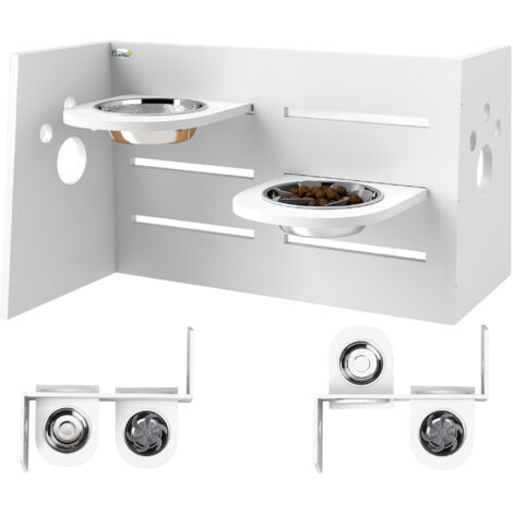 Support gamelles chien surélevé 2 bols inox tapis anti-glouton alimentation animaux blanc