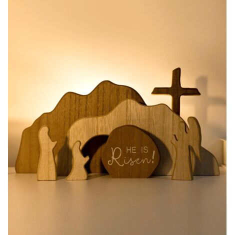 Easter Resurrection Scene - Empty Tomb with Figures and Wooden Cross - Religious Decoration for Home and Office