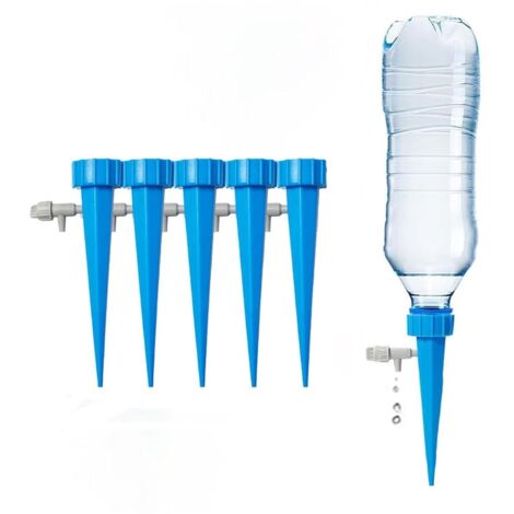 Set of 5 Automatic Plant Watering Systems – Irrigation Stakes with Long Dripper and Adjustable Valve, for Indoor and Outdoor Plants, Blue (1/5)