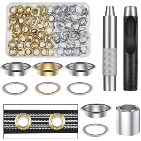 Rivet Tool Kit – 100 rivets 12 mm included, gold and silver – For tarpaulins, fabrics, leather, cardboard, posters and banners (1/5)