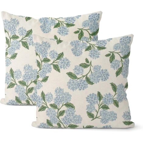 Set of 2 Cushion Covers 45x45cm – Blue-Green Hydrangea Print, Durable Linen, Vintage Floral Decoration for Sofa, Living Room and Patio (1/5)