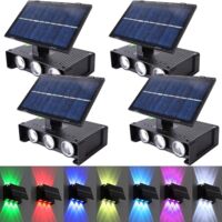 Set of 4 Solar Outdoor Wall Lamps – 6 RGB LEDs 7 Colors, Adjustable Up and Down Lighting, Waterproof, for Garden, Fence, Terrace and Driveway