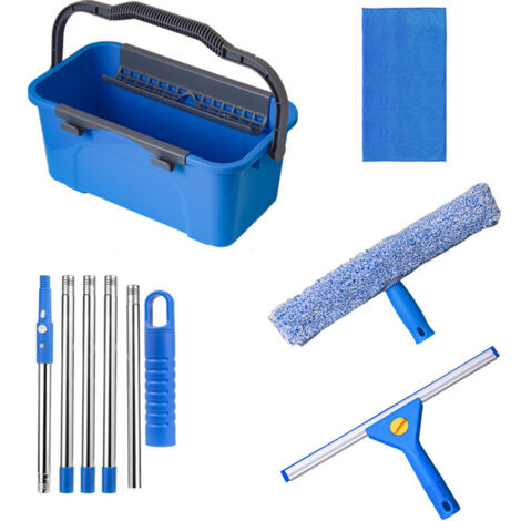 Kit nettoyage vitres pro: seau 11,4L, raclette 35,5cm, brosse 38cm (manche 155cm). Usage domestique, int/ext/commercial.