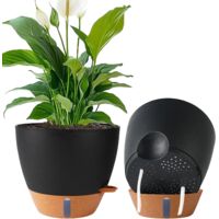 Jardinières auto-arrosantes 25cm lot 2 - Pot plastique avec réservoir eau - Trous drainage - Pour balcon, salon, terrasse - Noir