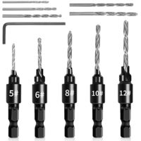 Kit 5 forets chanfrein carbure - Queue hexagonale 1/4" réglable - Changement outil rapide - Pour travail bois, fraisage