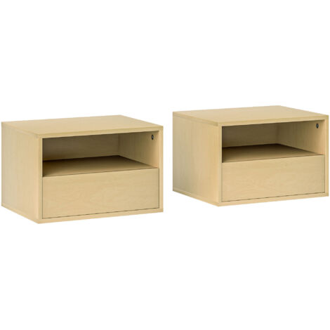 Ensemble de 2 tables de chevet murales flottantes bois naturel, tiroir étagère ouverte 45x35x27,5 cm (1/5)