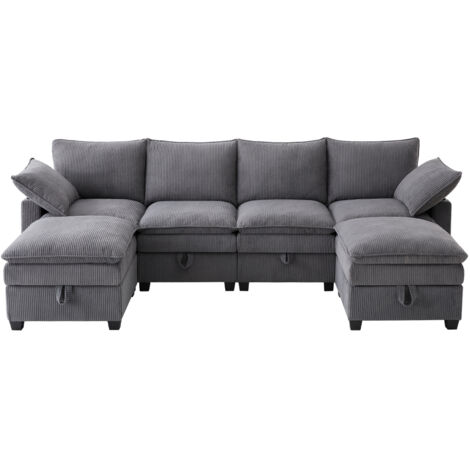 Modernes L-förmiges Sofa mit Cordbezug, Abnehmbarem Fußhocker, USB-Anschlüssen, Staufächern und Getränkehaltern, Modulares Sofa für Wohnzimmer, Apartment und Kleine Räume, Gray (1/5)