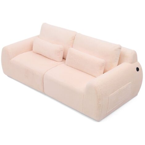 2‑Sitzer Sofa, weiches Kaninchenstil-Kunstfell, hohe Rückfederung, mit USB-Ladeanschluss und seitlicher Magazintasche, geeignet für kleines Wohnzimmer, Wohnung, Arbeitszimmer und Schlafzimmer,Pink (1/5)