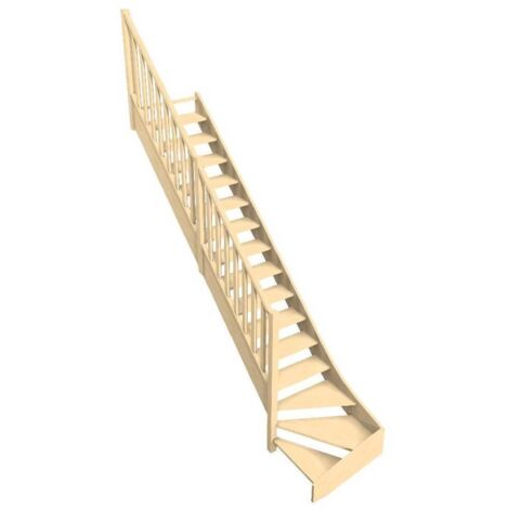 Levigne – Escalier quart tournant bas hêtre lamellé-collé 280 cm – 13 marches – Giron 16 cm – Encombrement 246 cm – Kit complet avec rampe incluse
