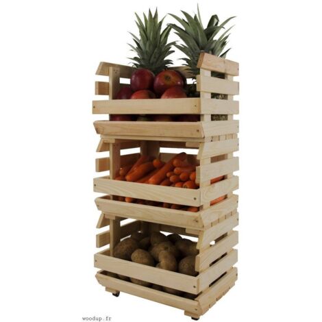 Resserre à légumes 3 caisses en bois massif – Caisses ajourées pour aération optimale – Quatre roulettes pivotantes pour mobilité facile